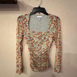 Ganni Orange Fitted Blouse with Ruched Long Sleeves